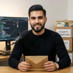 Creador de contenido sosteniendo sobre de ayuda en estudio durante una transmisión benéfica en vivo