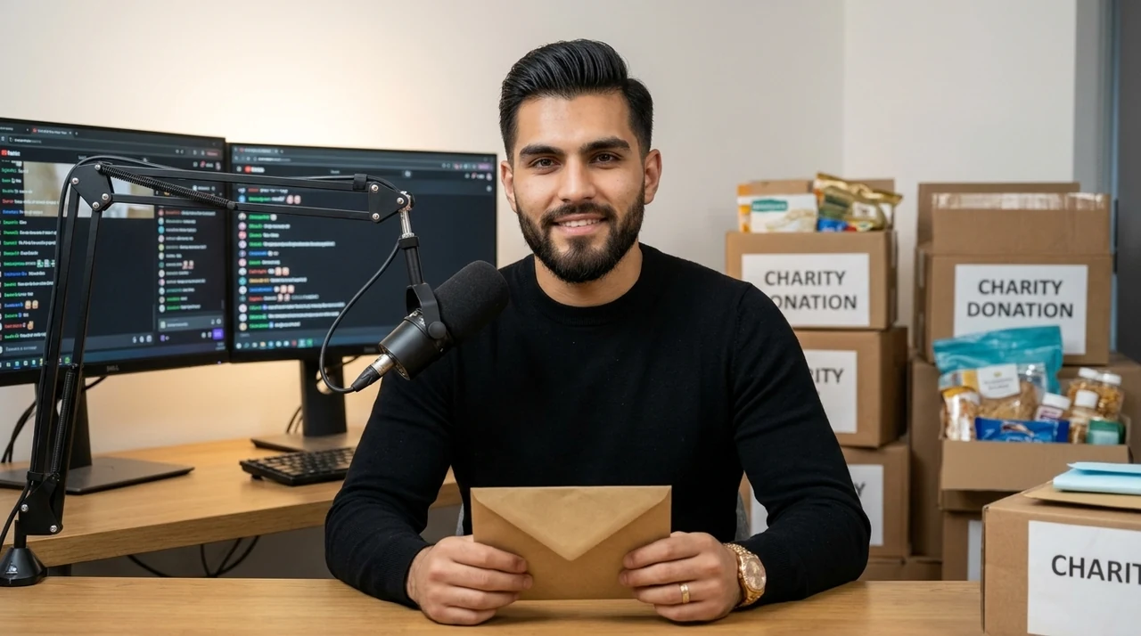 Creador de contenido sosteniendo sobre de ayuda en estudio durante una transmisión benéfica en vivo