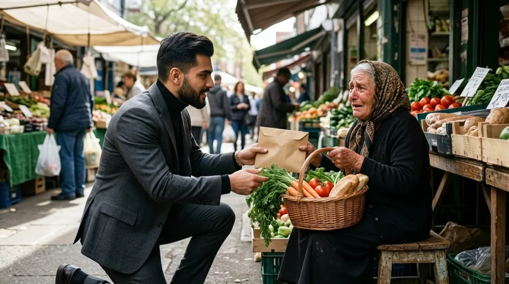 Benefactor entregando sobre de ayuda económica y víveres a una comerciante en un mercado popular