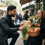 Benefactor entregando sobre de ayuda económica y víveres a una comerciante en un mercado popular