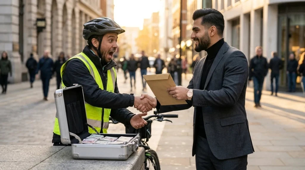 Benefactor entregando sobre de apoyo financiero a un repartidor en bicicleta en una calle urbana