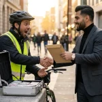 Benefactor entregando sobre de apoyo financiero a un repartidor en bicicleta en una calle urbana