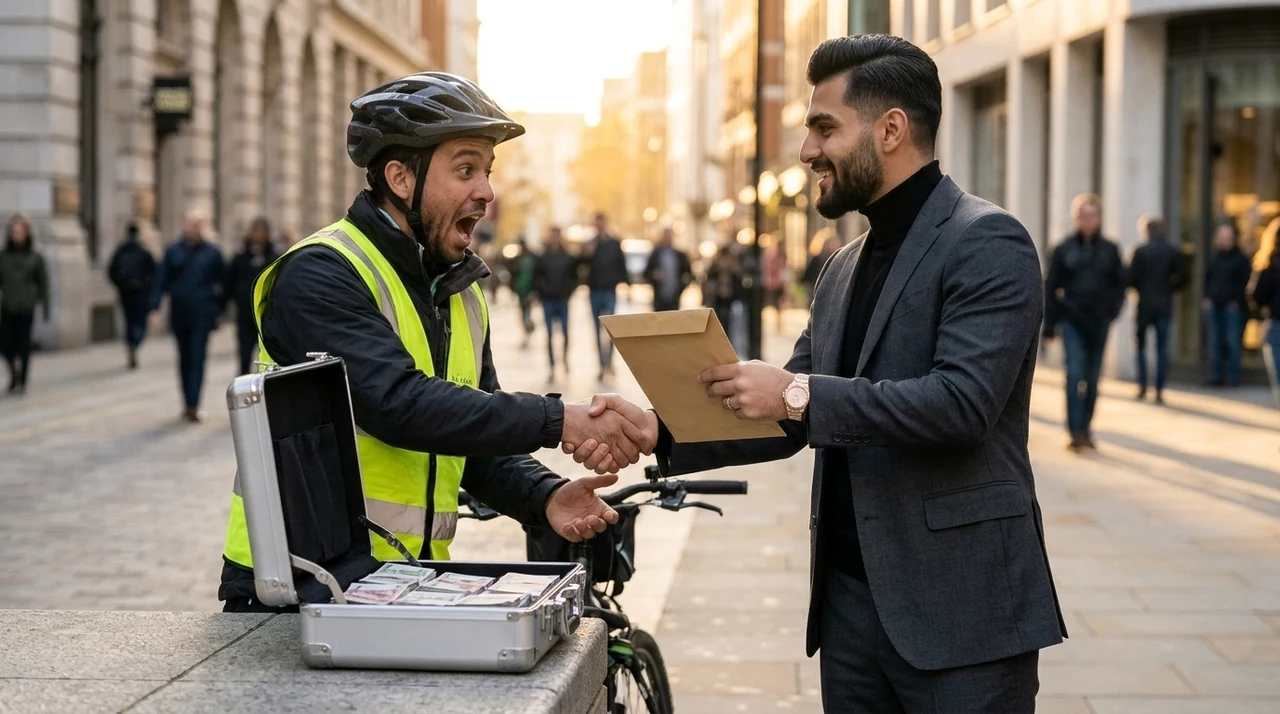 Benefactor entregando sobre de apoyo financiero a un repartidor en bicicleta en una calle urbana